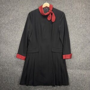 True Vintage Pleated Dress Black Red Bow Collar Long Sleeve Shift Stewardess